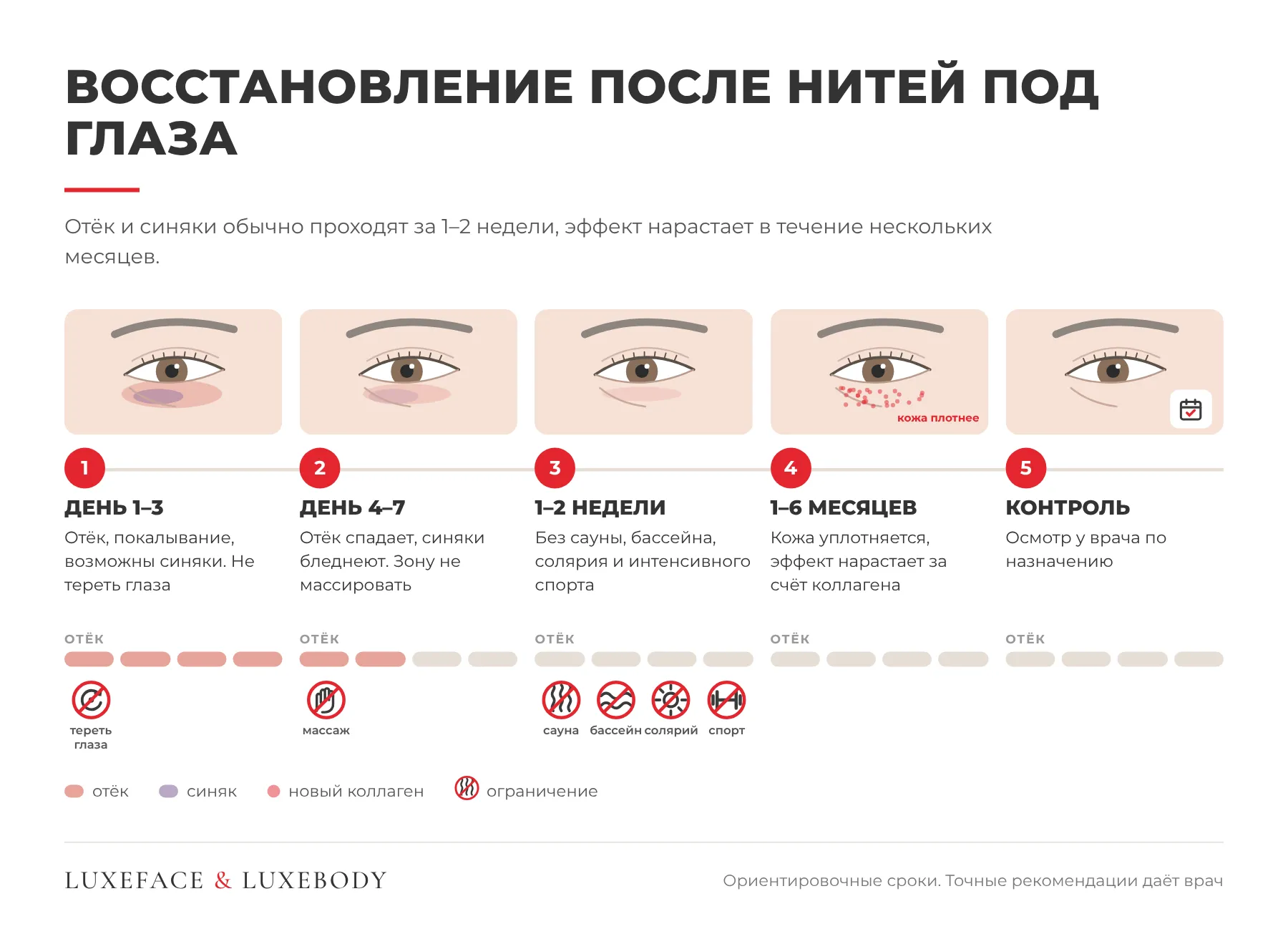 Схема восстановления после мезонитей под глаза по дням: от отёка до нарастания эффекта